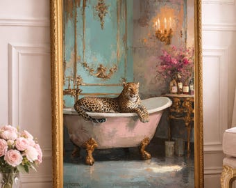 Leopard in the Powder Room Art Print – Chic Maximalist Bathroom Wall Decor, Elegant Feminine Oil Painting (Digital Download)