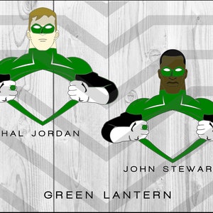 May include: Two Green Lantern comic book characters, Hal Jordan and John Stewart, are shown with their chests open, revealing their green costumes. The background is a wood-grain pattern.