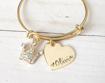 princess name bracelet - gold crown charm bracelet - personalized heart bracelet - gold heart name bracelet - kids adjustable bracelet