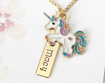 Kids unicorn name necklace - Unicorn bar necklace - Personalized girls jewelry - Gold hand stamped necklace - unicorn gift - young girls