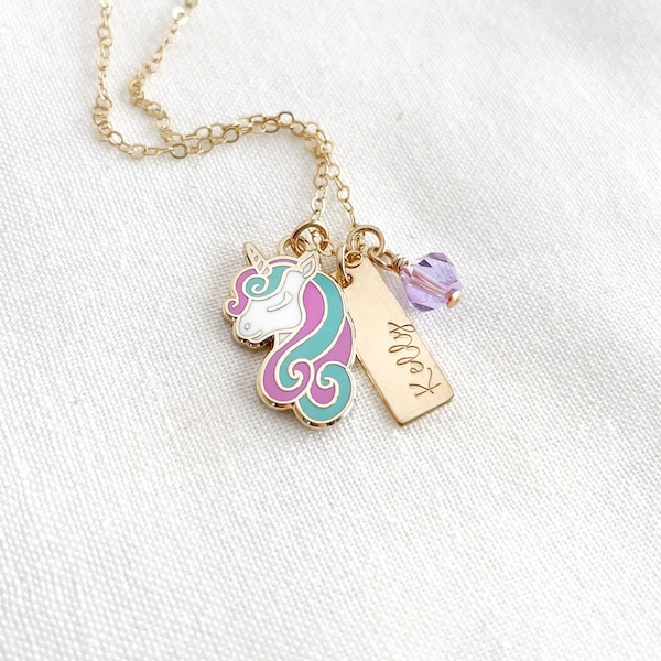 Birthstone Unicorn Necklace - GOLD FILLED kids unicorn name necklace - girls jewelry - unicorn birthday gift - personalized