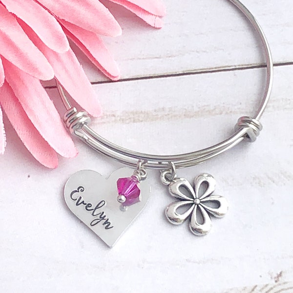 Birthstone name bracelet for girls - Heart and flower bracelet - Personalized charm bracelet - little girls jewelry - hand stamped - kids