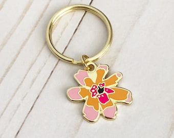 Flower keychain - Gold and pink flower keychain - enamel flower charm - pretty flower - Key ring - personalized key chain - mother's gift