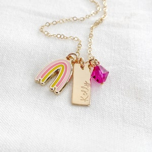 Personalized rainbow charm necklace - GOLD FILLED birthstone necklace - kids name necklace - young girls jewelry - birth month jewelry