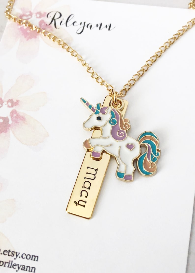 Kids unicorn name necklace  Unicorn bar necklace  image 0