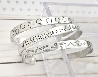 Teaching is a work of heart - cuff bracelet - teacher bracelet - teacher appreciation gift - hand stamped - personalized - apple - pencil