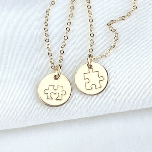14k Gold puzzle piece necklace - puzzle disc necklace - puzzle heart necklace - stamped - minimalist - autism jewelry
