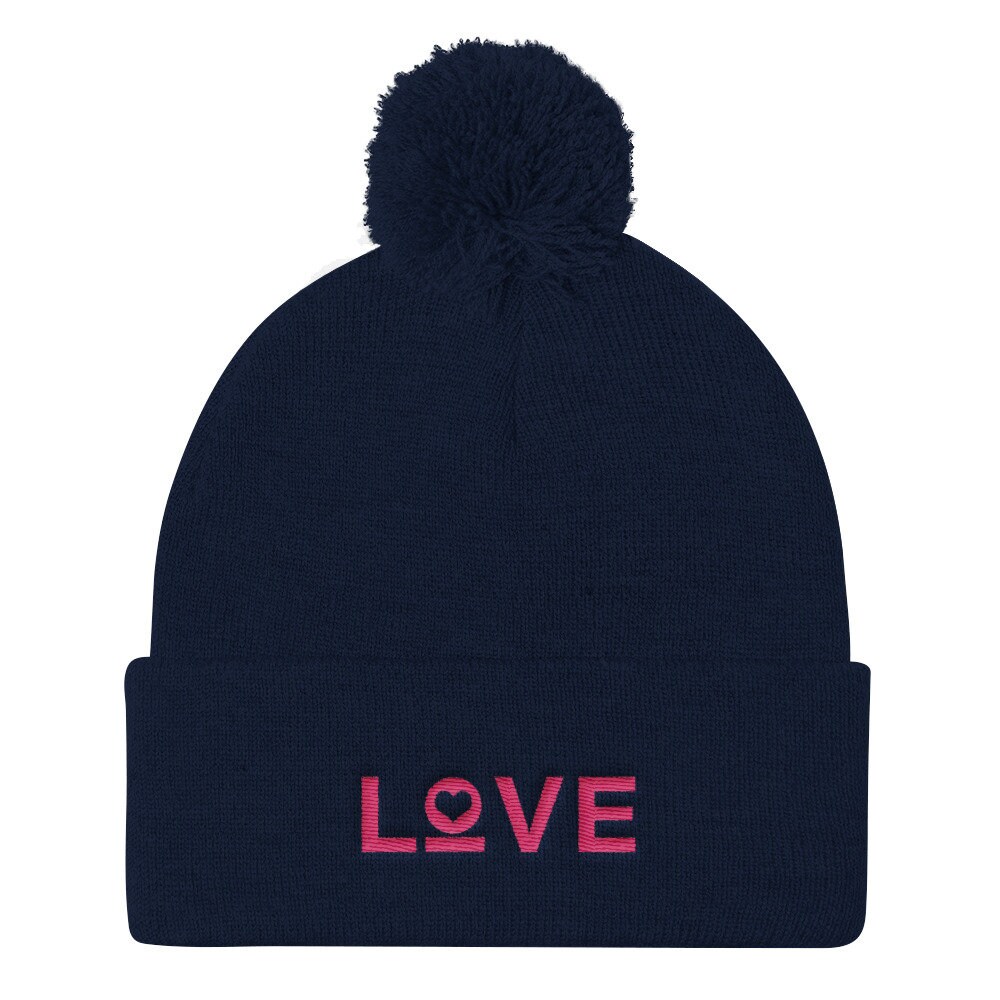 Women's Love Heart Pom Pom Knit Beanie | Cute Knit Cap