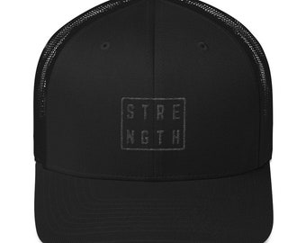 Strength Square Black on Black Snapback Trucker Hat | Inspirational Hat | Motivational Hat | Workout Hat | Mesh Back Hat | Gym Hat