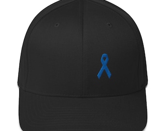 Concientización sobre el cáncer de colon equipado sombrero de béisbol con cinta azul oscuro / cinta de concientización / regalo de sobreviviente de cáncer