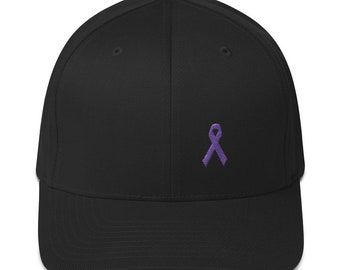 Cancer and Alzheimer's Awareness Twill Flexfit Fitted Hat with Purple Ribbon