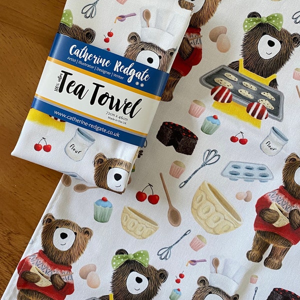 BAKING BEARS illustrated tea TOWEL 100% cotton hanging loop Catherine Redgate kitchenware homeware gift cute teddy happy chef baker cook