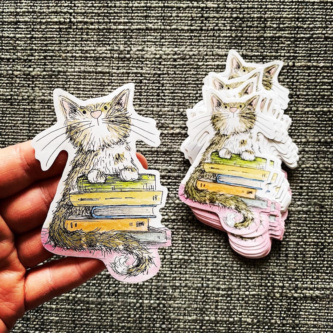 BOOK CAT 10cm Large Sticker Illustration Catherine Redgate Paper Bujo ...