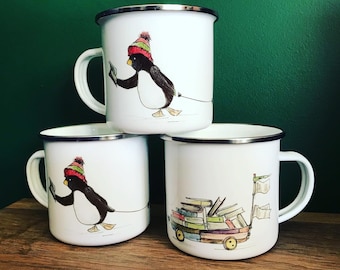 BOOK reading PENGUIN ENAMEL mug illustrated adventure sole camper camping walking hiking Catherine Redgate outdoor animal cart library teach