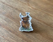 Tiny HIGHLAND COW WOODEN pin badge Catherine Redgate Scottish eco sustainable wood country happy Heilan Heelan Coo farm scottish scotland