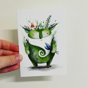 FOREST SPIRIT A6-wenskaart - blanco binnenkant Catherine Redgate avontuur bos boomhut kern bewaker baard groen natuur dier schattig