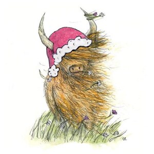 Bonnet de Père Noël Windy Heelan Coo illustré d'une carte de joyeux Noël vierge à l'intérieur de Catherine Redgate Scottish snow Noël lunatique hiver vache Highland
