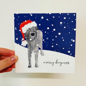 Carte de chien illustrée Merry DOGmas Deerhound vierge Catherine Redgate humour amusant lunatique original mignon Noël bonnet de Noel cartes de fête chien