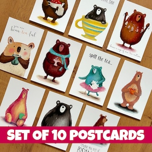 Lot de cartes postales TEA BEAR illustration positivité de Catherine Redgate, lettre courrier post positif thés boisson jeu de mots ours en peluche théière vintage confortable