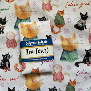 FELINE Good CATS illustrated Tea TOWEL 100% cotton with hanging loop Catherine Redgate kitchenware homeware gift home new house fun cat cute