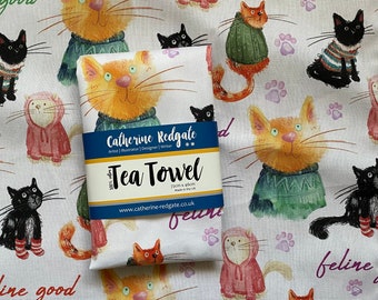 FELINE Good CATS illustrated Tea TOWEL 100% cotton with hanging loop Catherine Redgate kitchenware homeware gift home new house fun cat cute