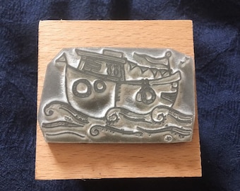 Illustrated BOAT ship - 2" wooden rubber stamper Catherine Redgate coast coastal sea seafaring stamp craft bujo fathers day male ocean sail