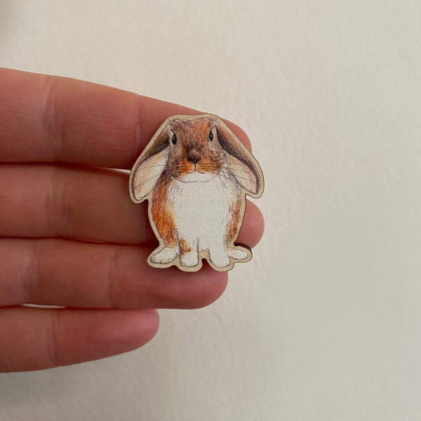 Tiny FLUFFY BUNNY WOODEN pin badge Catherine Redgate eco sustainable wood happy cute stocking filler maple wood cracker gift idea lop rabbit