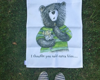 Exercise Bear illustrated TEA TOWEL though you said extra fries 100% cotton hanging loop Catherine Redgate teddy funny humour kitchen home