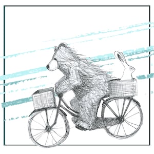Beer en konijntje fietsen Wenskaart - blanco binnenkant - door Catherine Redgate illustratie fiets fietsen cyclus oefening paar schattig liefde