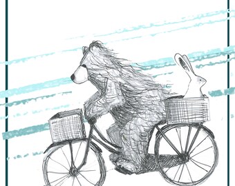 Bear & Bunny riding a bike Greeting Card - blank inside- by Catherine Redgate illustration bicycle cycling cycle exercise couple cute love