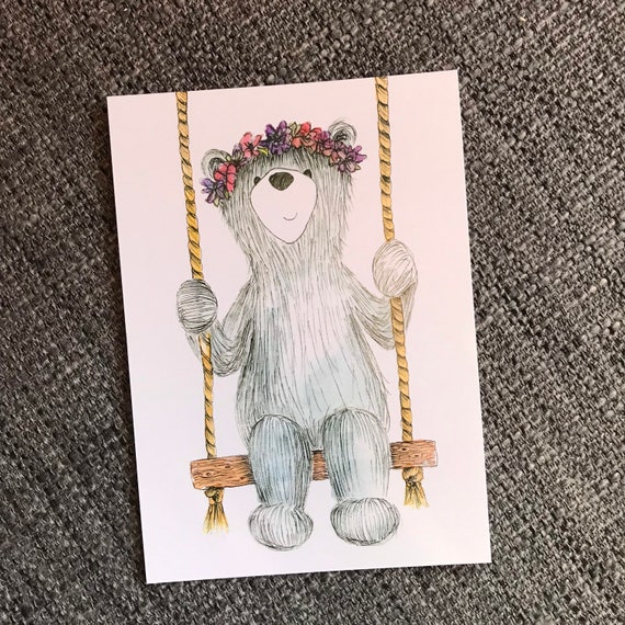 SWING BEAR Postcard Catherine Redgate Funny Cute Illustration Letter Mail  Post Write Positivity Teddy Happy Card Spring Hippie Garland Hippy 