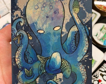 OCTOPUS A6 ECO Jotter Artist Sketchpad Notebook plain stocking filler Catherine Redgate waters edge game blue dark deep sea monster octopi