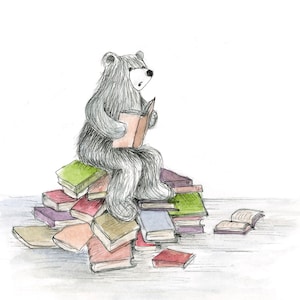 BOOK LOVER bear READING card - illustration illustrated Greeting Card - blank inside- by Catherine Redgate - university study school teacher