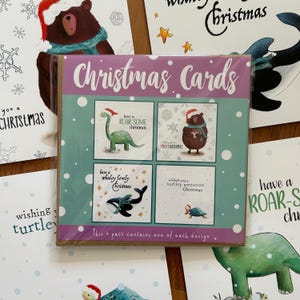 ANIMAUX D'HIVER, lot de 4 cartes de Noël illustrées, carte Catherine Redgate, jeu de mots de Noël, humour, jolies saisons d'hiver, salutations, dinosaure, ours, tortue