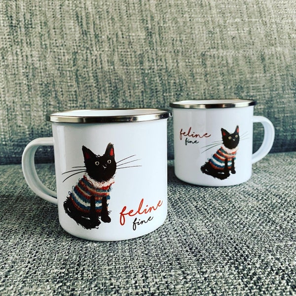 Feline Fine Black Jumper CAT ENAMEL MUG illustrated adventure sole camp hiker camping walking hiking Catherine Redgate travel metal tin cup