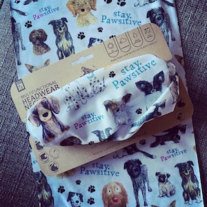 STAY PAWSITIVE headwear outdoor RECYCLED head band biking walking hike Catherine Redgate scarf positivity pun pug collie terrier dog breeds