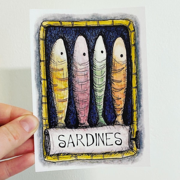 SARDINES  postcard Catherine Redgate letter card positivity happy cute print fish waters edge art illustration paint quirky seaside coastal