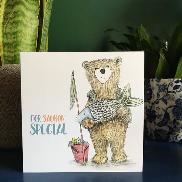 Spécial pêche SAUMON OURS carte de voeux vierge à l'intérieur de Catherine Redgate Ecosse pêche écossais humour drôle jeu de mots anniversaire fête des pères