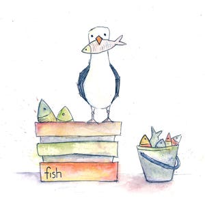 Mine Mine Mine Carte de voeux - intérieur vierge - par Catherine Redgate caisse de mouette poisson pêche pères mâle illustration oiseau écossais mignon