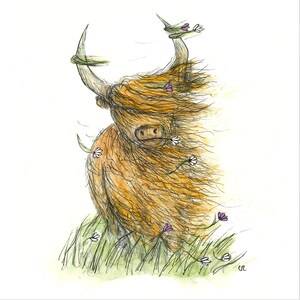 Windy Heelan Coo-wenskaart blanco van binnen- door Catherine Redgate Highland Cow Schotland Schotse winderige grappige humor wilde verjaardag gelukkig
