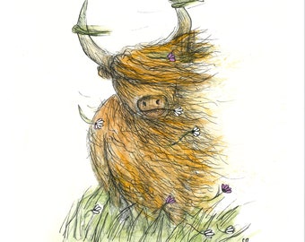 Windy Heelan Coo Greeting Card blank inside- by Catherine Redgate Highland Cow Scotland Scottish windswept funny humour wild birthday happy