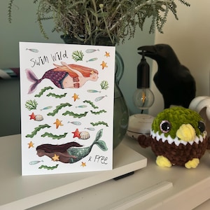 Swim Wild & Free Carte postale sirène Catherine Redgate lettre carte positivité heureux impression mignonne art confortable illustration positif mer océan nageur