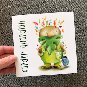 Carte de voeux GARDEN SPIRIT vierge Catherine Redgate écossaise FOLKLORE positivité jardinier vert gardien ours plante graine arrosoir feuille