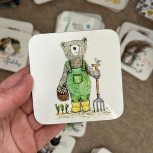 Garden BEAR GLOSS COASTER Catherine Redgate art cute arty whimsy adventure quirky new home decor kitchen gardener allotment grow your own