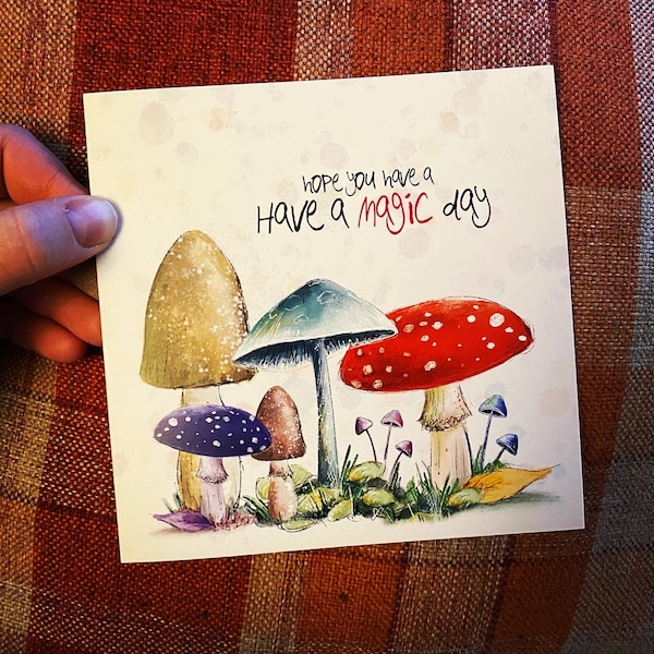 MAGIC DAY birthday card illustration illustrated Greeting Card blank Catherine Redgate pun   positive happy toadstool cosy fungi mushroom