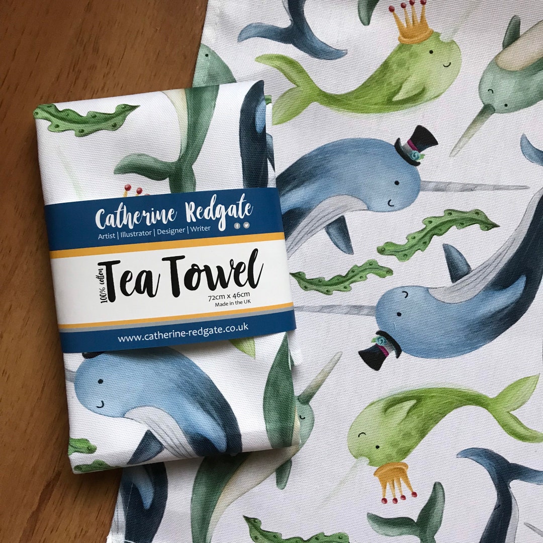 NARWHAL Illustrated TEA TOWEL 100% Cotton With Hanging Loop Catherine ...