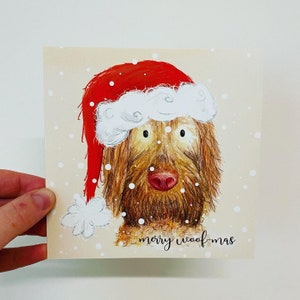 Carte de Noël de chien Vizsla aux cheveux métalliques joyeux WOOFmas vierge Catherine Redgate amusante lunatique original mignon Noël chapeau de père Noël festif neige jeu de mots drôle