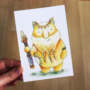Carte postale SUN SPIRIT - par Catherine Redgate - esprit sprite illustration lettre courrier écriture papeterie feu tribal hippie scandinave barbe mignon