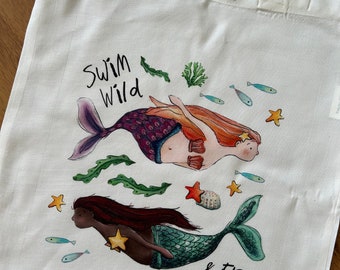 SWIM WILD TOTE bag shop cute shopper shoulder Scottish Catherine Redgate illustration scotland humour beach mermaid sea swimming outdoors