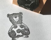 FOOTBALL BEAR wooden rubber stamper 2” Catherine Redgate Scottish animal teddy stamp ball sport boy gift wrap wrapping craft foot cute fun